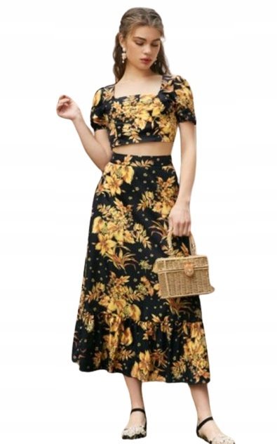 KOMPLET DAMSKI CZARNY W KWIATY MARSZCZENIA XL V4B