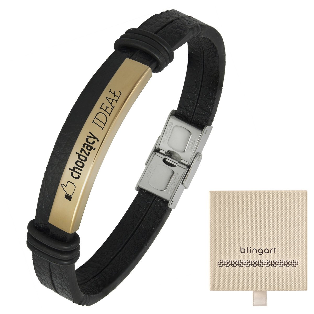 Bransoletka z grawerem skórzana męska pozłacana