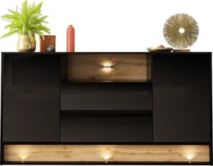 MEGSTYL KOMODA 160CM Z WSTAWKĄ DĄB WOTAN - VISION 2 Czarny - Wotan mat - Czarny połysk - Komody - miniaturka - grafika 1