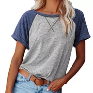 Koszulki i topy damskie - Clotth Damska koszulka Colorblock Crossover Loose Top z krótkim rękawem Casual T-Shirt, P-light grey-l, L - miniaturka - grafika 1