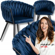 Krzesła - Krzesło Tapicerowane Welur Glamour ELENA Plecione Granatowe Salon Jadalnia - miniaturka - grafika 1