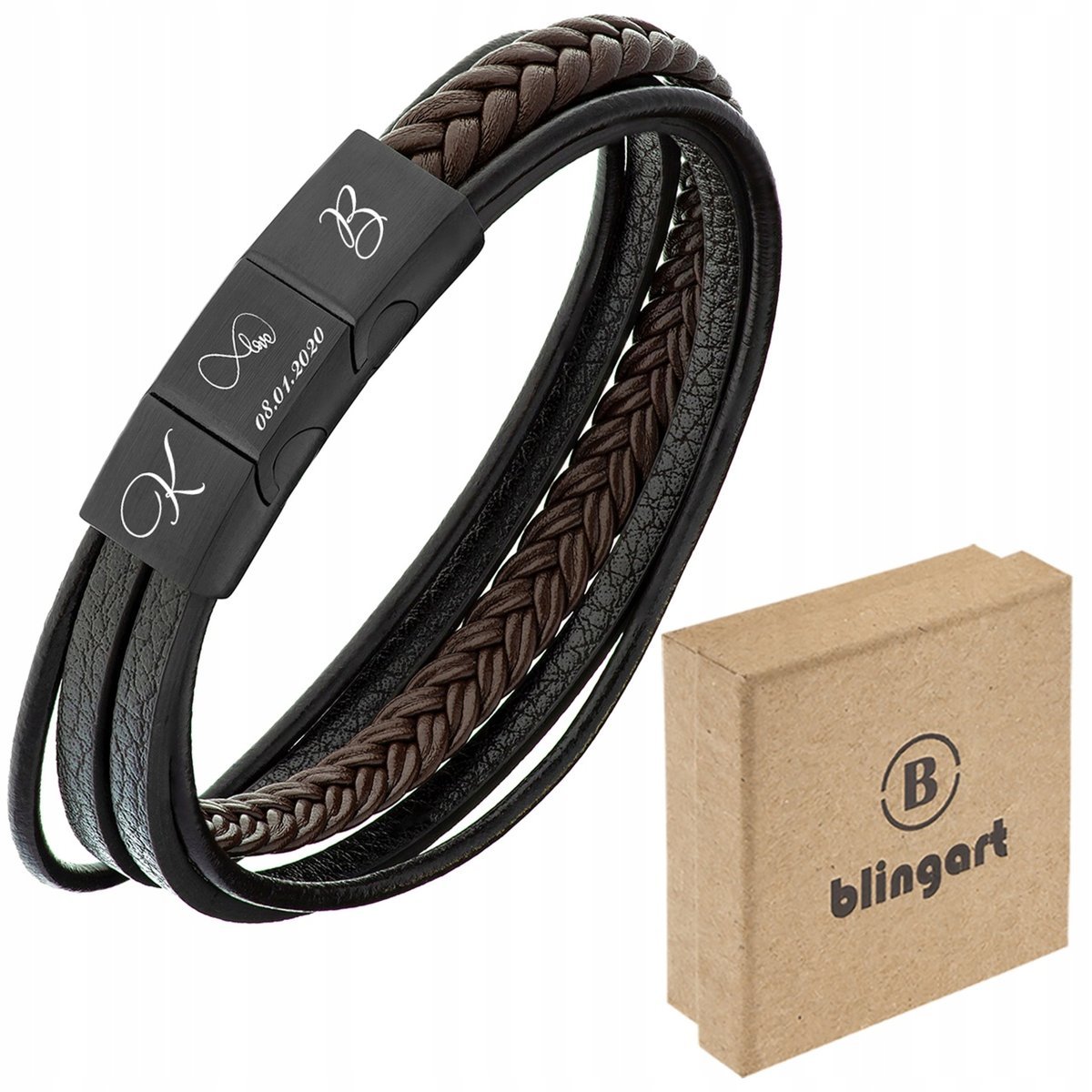 BLINGART Bransoletka skórzana MĘSKA POTRÓJNE ZAPIĘCIA BRĄZOWA GRAWER