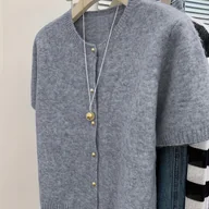 Swetry damskie - TEMU Nowy szary kardigan z krótkim rękawem 2025 Elegancki okrągły dekolt, jednolity , złote guziki, uniwersalny do dojazdów do pracy, idealny na - miniaturka - grafika 1