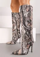 Kozaki damskie - Ciemnobeżowe Wsuwane Kozaki na Szpilce z Cyrkoniowym Zdobieniem i Szpiczastym Noskiem Hanadelle - miniaturka - grafika 1