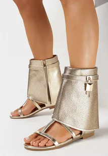 Złote Sandały z Wywiniętą Wysoką Cholewką z Klamrą i Cyrkoniami Afilla - Botki damskie - miniaturka - grafika 1