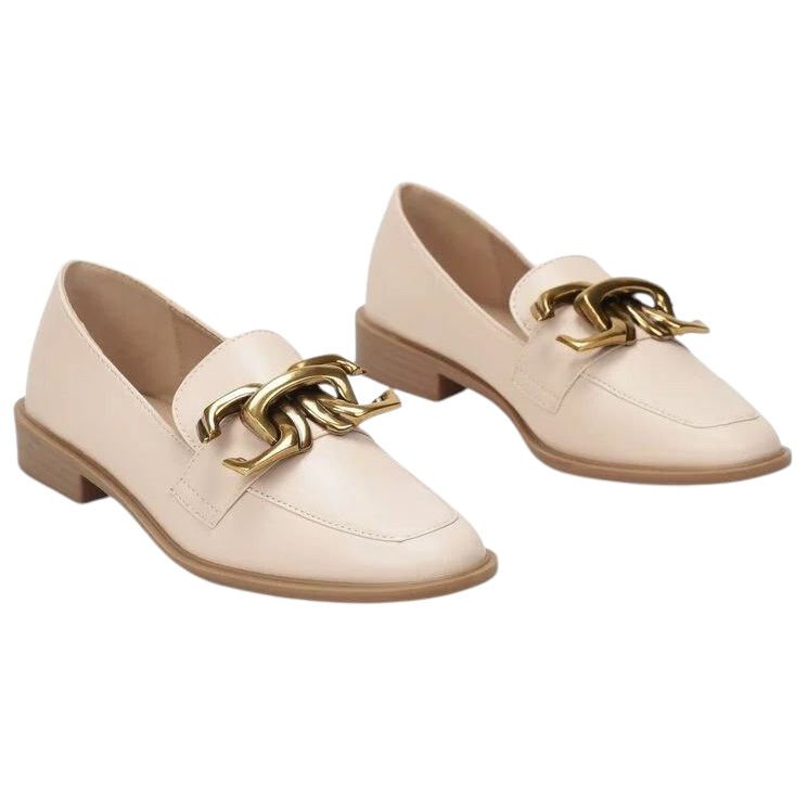 Półbuty Pantofle Mokasyny Oxfordy Klasyczne Damskie Wygodne Skórzane Lekkie Eleganckie Z Ozdobą Beżowe 39