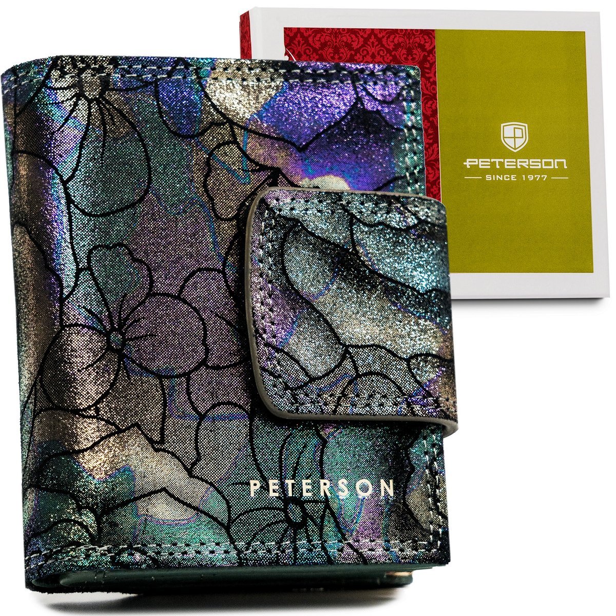 Skórzany damski portfel Peterson kompaktowy na karty i dokumenty kwiatowy wzór zielony