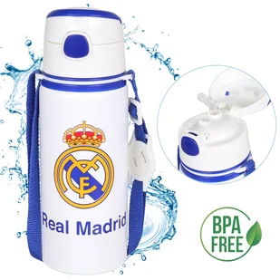 Real Madryt Aluminiowa BUTELKA TERMICZNA, ustnik, BIDON NA WODĘ z paskiem na ramię 600ml - Shakery i bidony sportowe - miniaturka - grafika 1