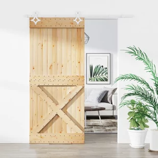 vidaXL Drzwi przesuwne z osprzętem, 90x210 cm, lite drewno sosnowe - Ogrodzenia - miniaturka - grafika 3