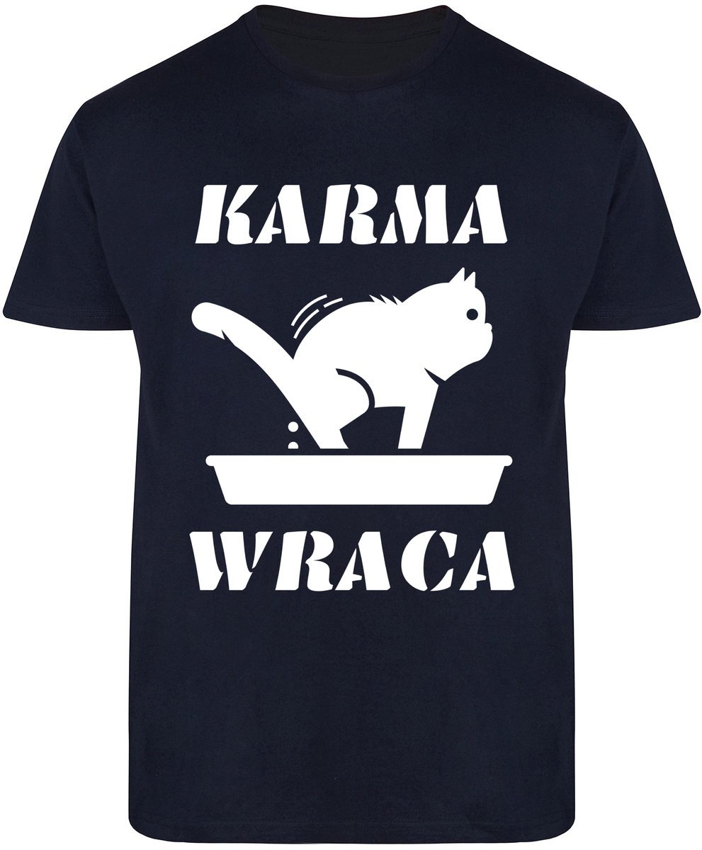 T-Shirt Męski Z Kotami Karma Prezent Śmieszna Koszulka Granatowa R-S A452