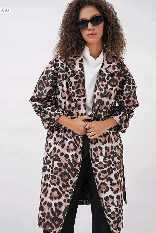 DŁUGI PŁASZCZ DAMSKI WZÓR PANDA OVERSIZE LEOPARD 38 5IA