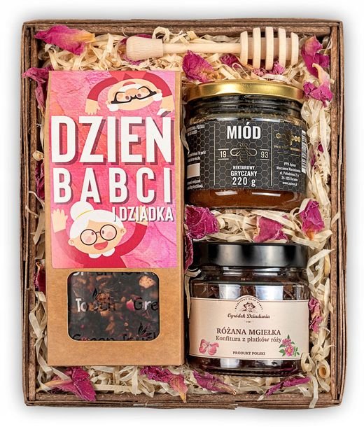 PREZENT NA DZIEŃ BABCI zestaw kosz prezentowy herbata miód konfitura z róży