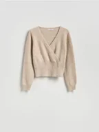 Swetry damskie - Reserved - Krótki kardigan z kopertową zakładką - beżowy - miniaturka - grafika 1