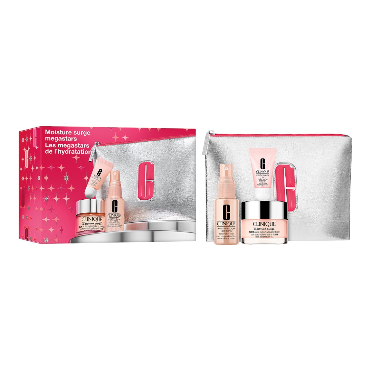 Clinique Moisture Surge Megastars Zestaw: krem-żel do twarzy + odświeżający spray do twarzy + wielozadaniowy balsam do ust