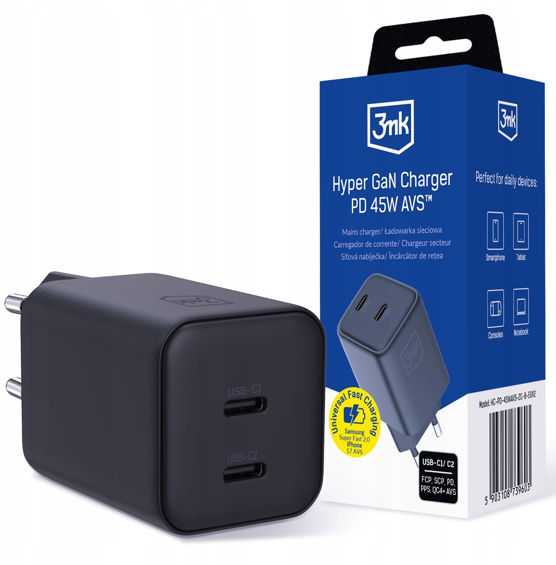 3mk Hyper Charger PD 45W GaN AVS QC4+ PPS AFC FCP DCP 2C Black