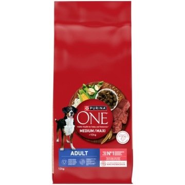 Purina One Medium/Maxi Adult, wołowina z ryżem - 12 kg