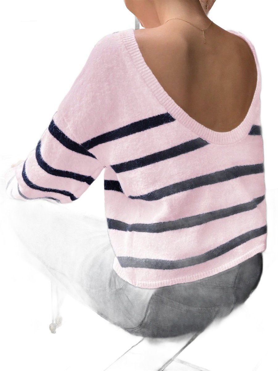 RÓŻOWY SWETER DAMSKI W PASKI Z GŁĘBOKIM DEKOLTEM M 1LA