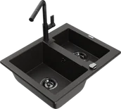 Zlewozmywaki z baterią - Mexen Carlos zlewozmywak granitowy 1,5-komorowy z baterią kuchenną Flora, czarny/złoty metalik - 6518-75-670401-70-B - miniaturka - grafika 1