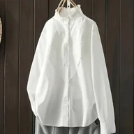 Koszule damskie - TEMU Elegancka Biała Bluzka z Falbanką na Kołnierzu dla Kobiet - Długi Rękaw, Luźny Krój, Zapinana na Guziki, Jednokolorowa Koszula na Wiosnę/ na - miniaturka - grafika 1
