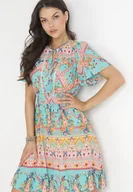 Sukienki - Miętowo-różowa Sukienka Mini z Cienkimi Gumkami w Pasie i Ozdobnym Wiązaniem z Wiskozy Shailan - Born2be - miniaturka - grafika 1