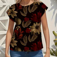 Koszule damskie - TEMU Bluzka Damska z Kwiatowym Nadrukiem - Krótki Rękaw, Okrągły Dekolt, Lekki Poliester, Czarno-Czerwono-Brązowy Wzór Liści, Idealna na Wiosnę i , - miniaturka - grafika 1