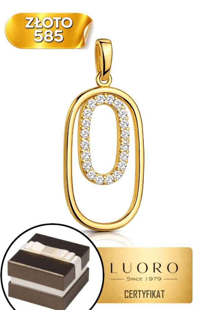 ZAWIESZKA ZŁOTA 585 14K DWA OWALE Z CYRKONIAMI 2,5 CM ELEGANCKA