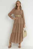 Sukienki - Ciemnobeżowa Sukienka Z Paskiem Deinene - miniaturka - grafika 1