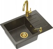 Zlewozmywaki - Zlewozmywak Steiner ART JOHNNY 116 60x44x18,5 GraniteQ Art Gold Black Pearl z syfonem manualnym, baterią Naomi i dozownikiem - czarny opalizacja złota - miniaturka - grafika 1