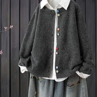 Swetry damskie - TEMU Damski Oversize Sweter Świąteczny, Kolorowe Tęczowe Guziki, Japoński Styl , Casual Luźny Fason, Okrągły Dekolt Miękka Dzianina, Sweter na Boże - miniaturka - grafika 1