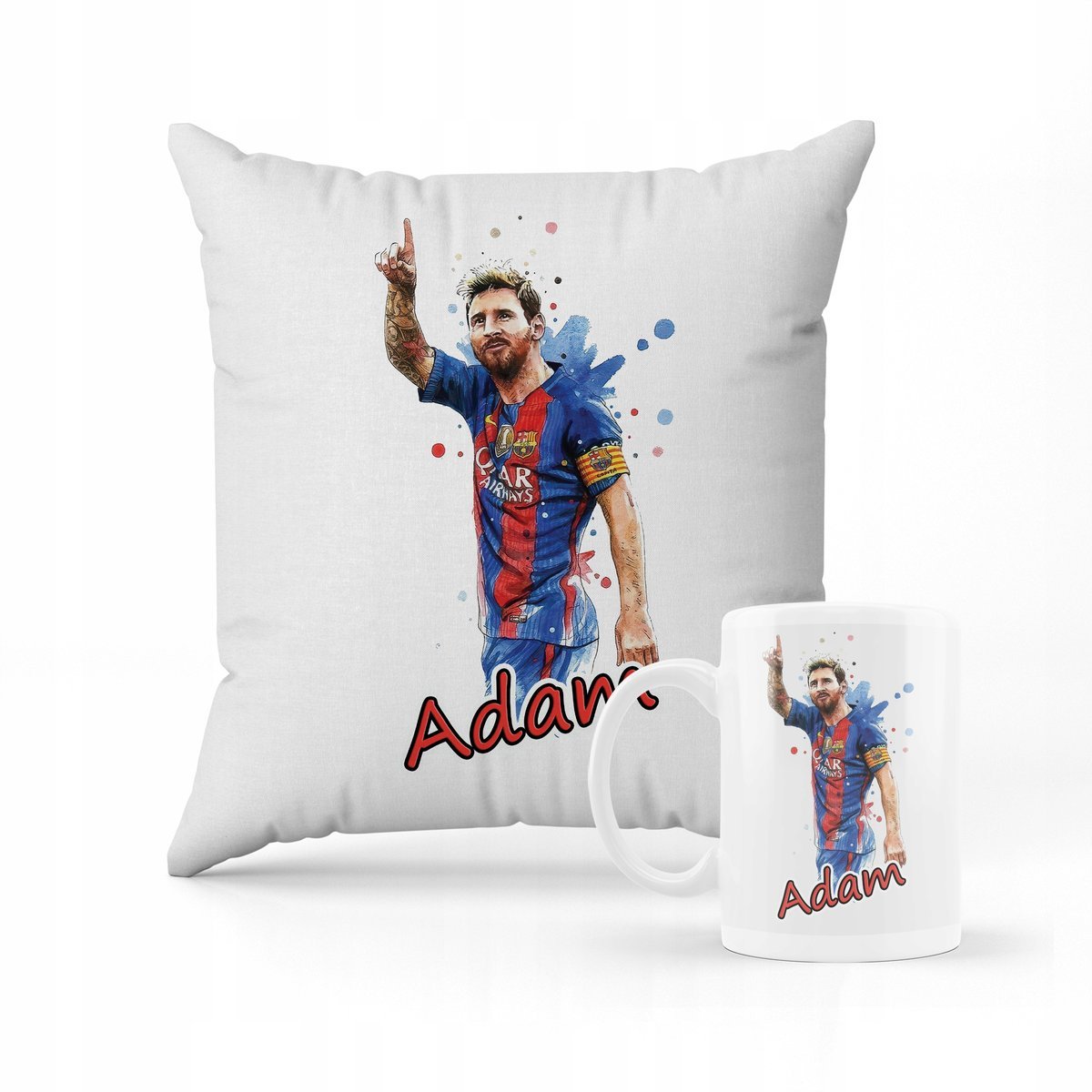 ZESTAW PODUSZKA + KUBEK Prezent Messi Barcelona + IMIĘ