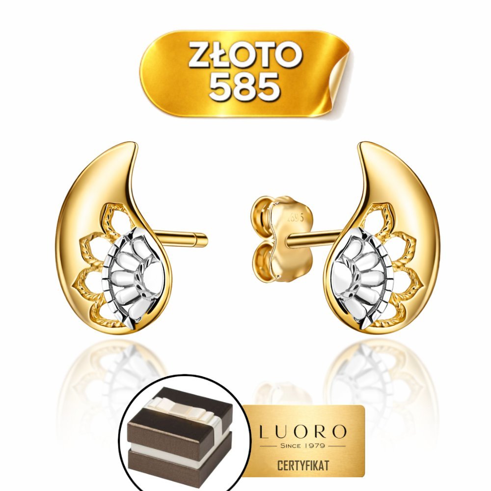 KOLCZYKI ZŁOTE 585 14K SKRZYDŁA DWUKOLOROWE SZTYFT 10 MM ELEGANCKIE