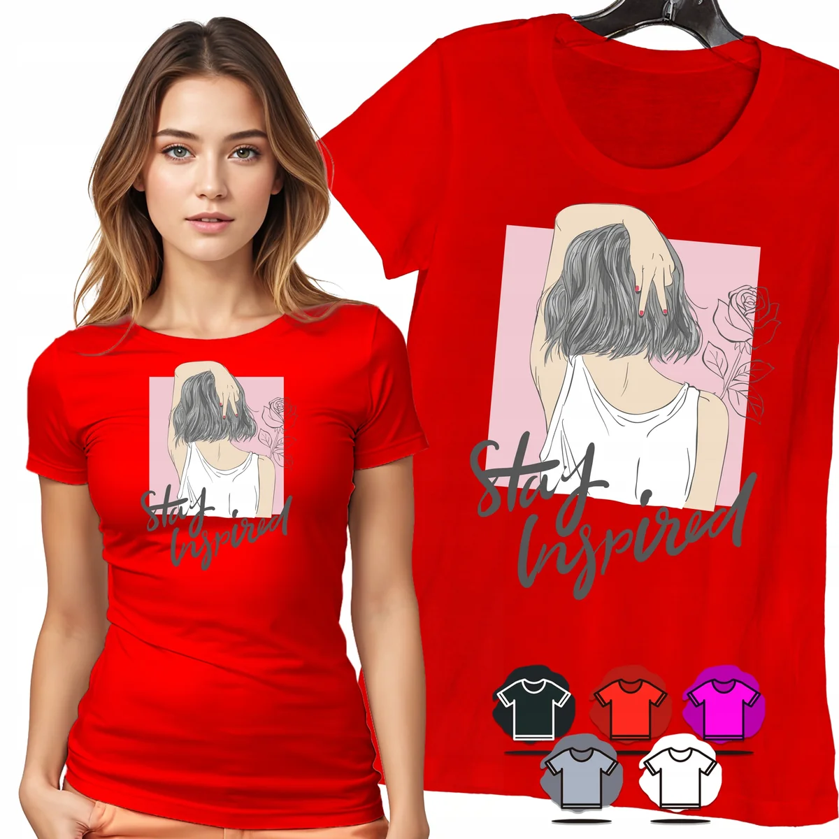 KOSZULKA DAMSKA T-SHIRT - STAY INSPIRED KOBIETA KWIATY MOTYW MODA WZÓR - XS