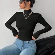 Bluzki damskie - TEMU Kobieca Elegancka Bluzka z Wysokim Kołnierzem i Długimi Rękawami - Miękkie, Elastyczne Jednokolorowe T-Shirt na Wiosnę Jesień, Uniwersalna do - miniaturka - grafika 1