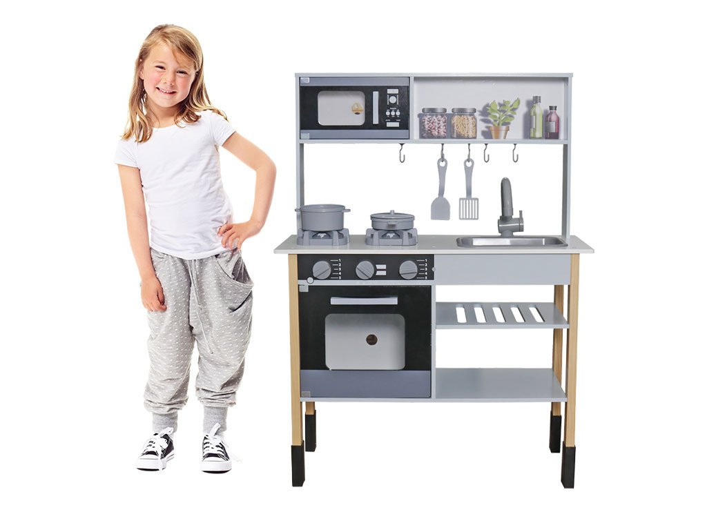 Drewniana kuchnia dla dzieci - kuchenka mikrofalówka garnki szara