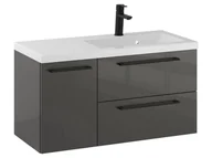 Szafki łazienkowe - Szafka Wisząca Z Umywalką RON 90 cm D Prawa - Titan Wysoki Połysk - Uchwyty Czarne Matowe - miniaturka - grafika 1
