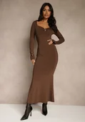 Sukienki - Brązowa Sukienka Koktajlowa z Wiskozą i Metaliczną Klamrą przy Dekolcie Refire - Renee - miniaturka - grafika 1