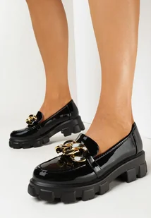 Czarne Mokasyny na Grubej Podeszwie z Łańcuchem Shasavan - Mokasyny damskie - miniaturka - grafika 1