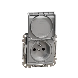 Schneider Gniazdo z/u z klapką z przesłonami IP44 (zaciski bezgwintowe) SEDNA Design & Elements srebrne aluminium - Gniazdka elektryczne - miniaturka - grafika 1