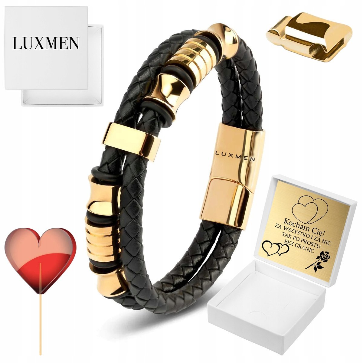 Skórzana Bransoletka Męska Złota Tytanowa Stal Z Grawerem Regulowana Mocna