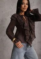 Bluzki damskie - Brązowa Bluzka z Lyocellem w Stylu Boho z Wiązaniem pod Szyją i Falbanami Tasimi - miniaturka - grafika 1