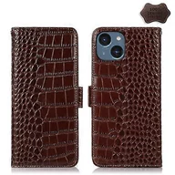 Etui i futerały do telefonów - Do iPhone 15 Krokodyl Top Layer Skórzane etui na telefon komórkowy ze skóry bydlęcej Brown 15 Pro - miniaturka - grafika 1