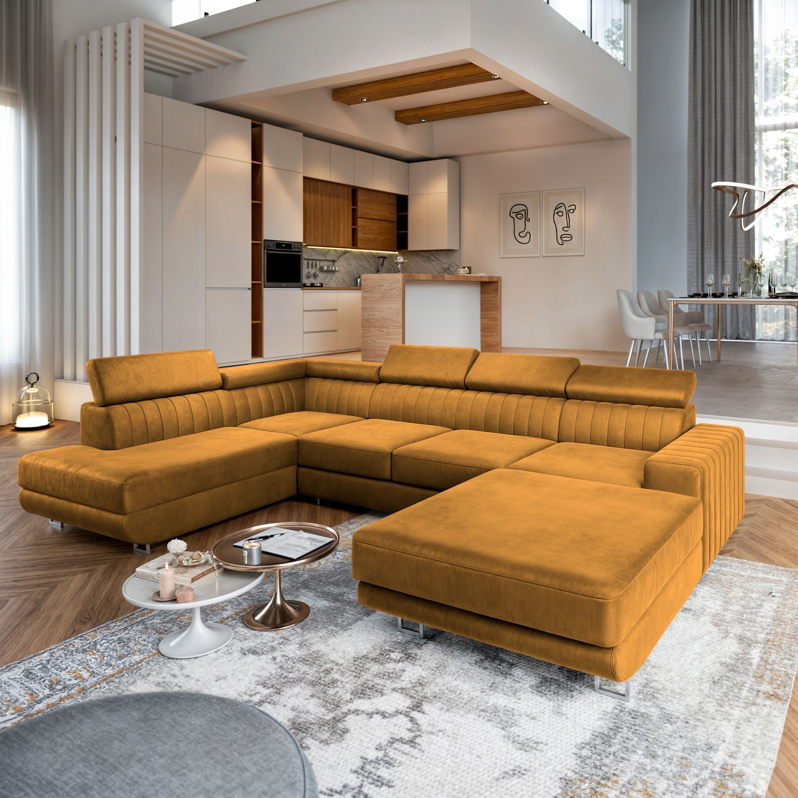 Masseno Narożnik SIENA R-S z funkcją spania i pojemnikiem na pościel Kształt U, Rozkładana sofa, Rogówka - Żółty, MONOLITH 48