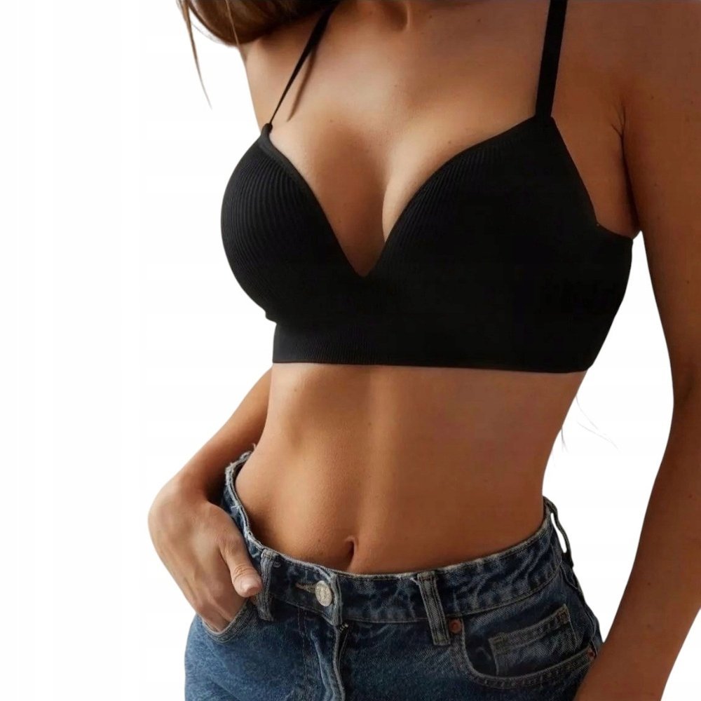 Biustonosz damski bez fiszbin push up bezszwowy prążkowany M/L czarny