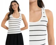 Bluzki damskie - Bluzka Koszulka Damska Bokserka w Paski Prążkowana Bawełniana Biała MORAJ L - miniaturka - grafika 1