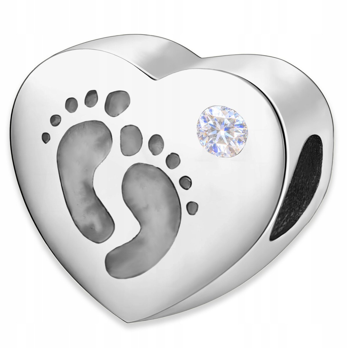 Charms Srebrny Serce Serduszko Stópki Cyrkonia Ślady Dziecka SREBRO 925