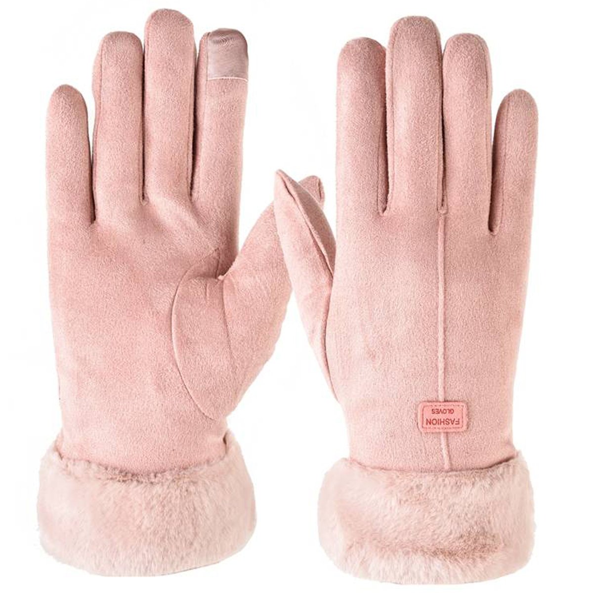 PUDROWY RÓŻ Rękawiczki dotykowe ocieplane miś futerko damskie