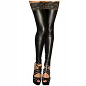 Bielizna nocna - CZARNE SEKSOWNE POŃCZOCHY WET LOOK Z KORONKĄ EFEKT LATEKSU SKÓRZANE SKÓRA - miniaturka - grafika 1