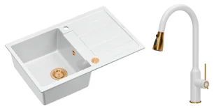 Quadron Unique Zlewozmywak granitowy jednokomorowy 78*50*22 cm z ociekaczem MORGAN 111 SNOW WHITE z syfonem Push-2-Open w kolorze miedzianym z baterią JESSICA SNOW WHITE z wyciąganą wylewką i funkcją prysznica kolor biały mat/ miedź - Zlewozmywaki z baterią - miniaturka - grafika 1