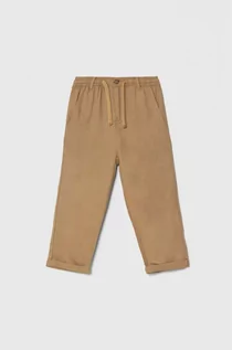 Spodnie i spodenki dla chłopców - United Colors of Benetton spodnie lniane dziecięce kolor brązowy gładkie - grafika 1