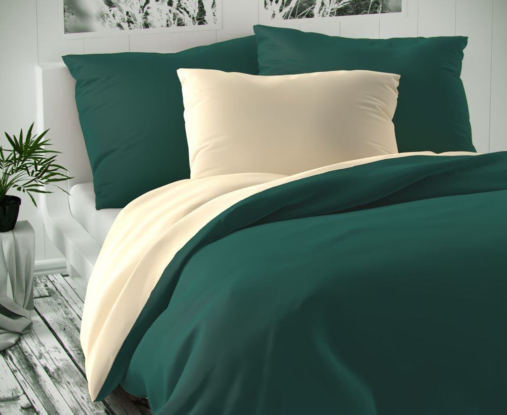 Satynowa pościel francuska LUXURY COLLECTION 1+2, 200x200, 70x90cm ciemnozielony / kremowy